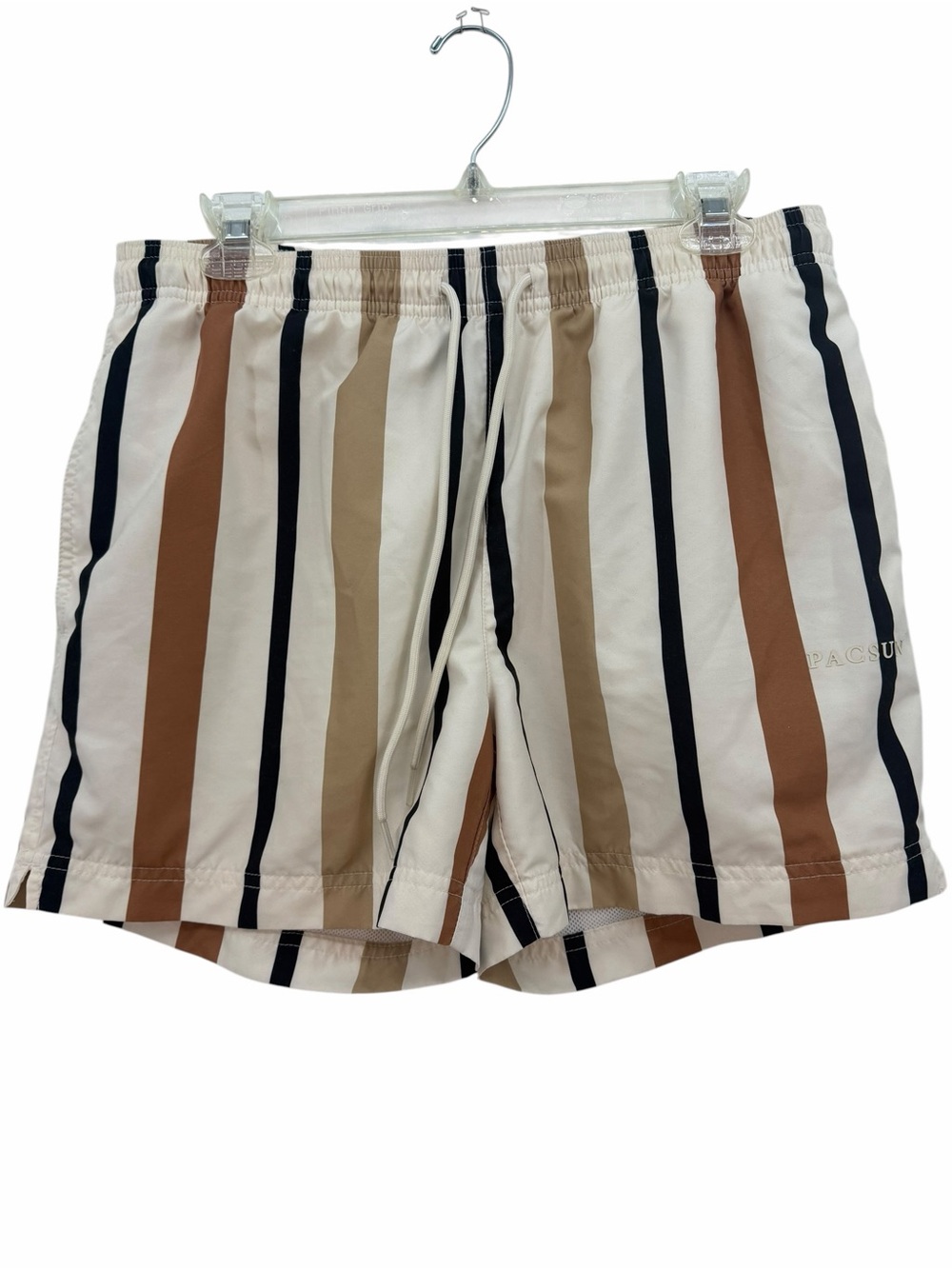 PacSun Men's Vertical Stripe Swim Trunks in Cream, Brown & Black